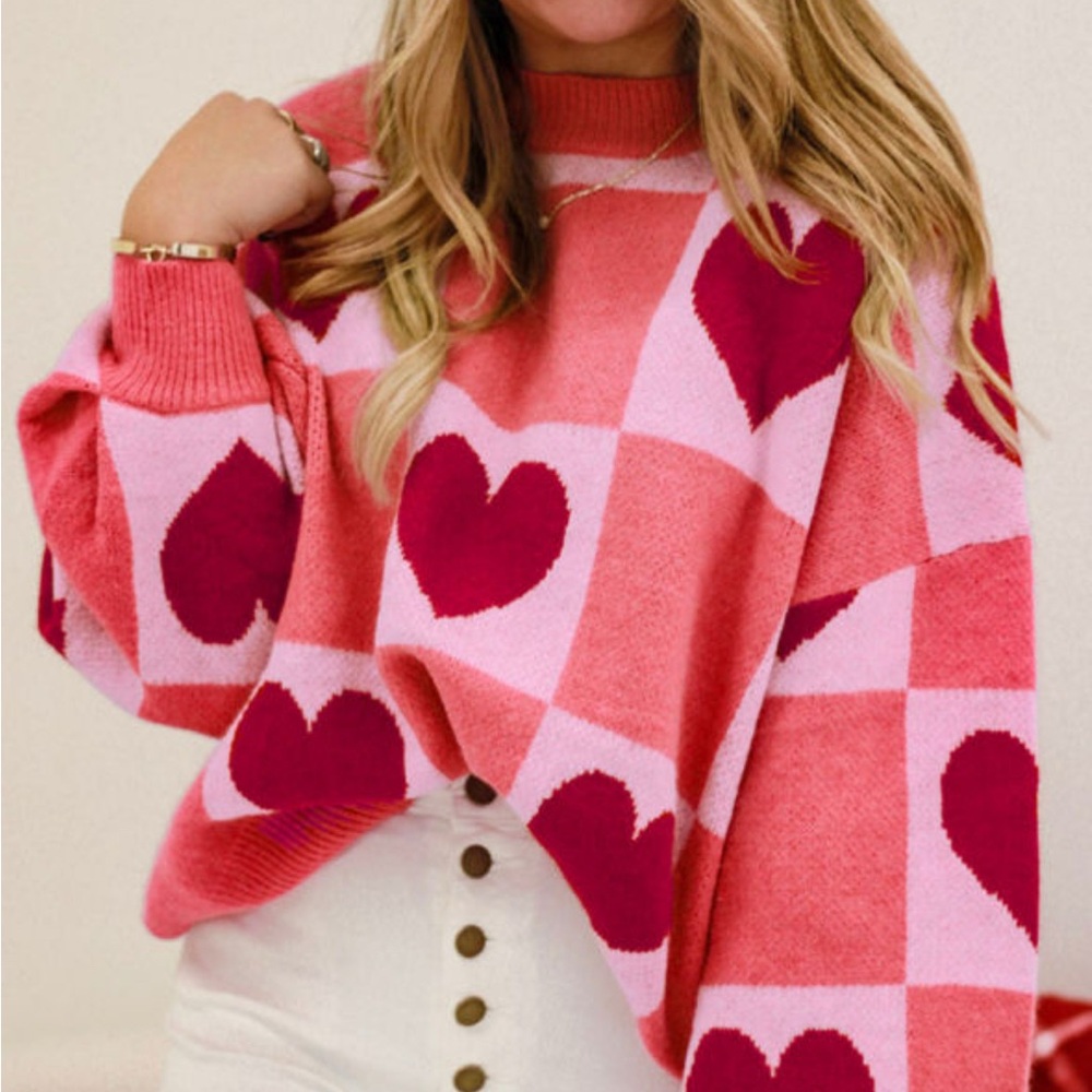 Pink PLUS SIZE LOVE HEART BLOCK MOCK NECK lantern sleeve valentine sweater